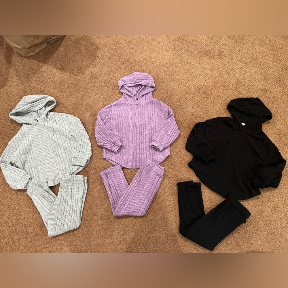 SHEIN Bundle of 3 Black Gray and Purple Ribbed Hooded Sweater Sets Comfy Size 3